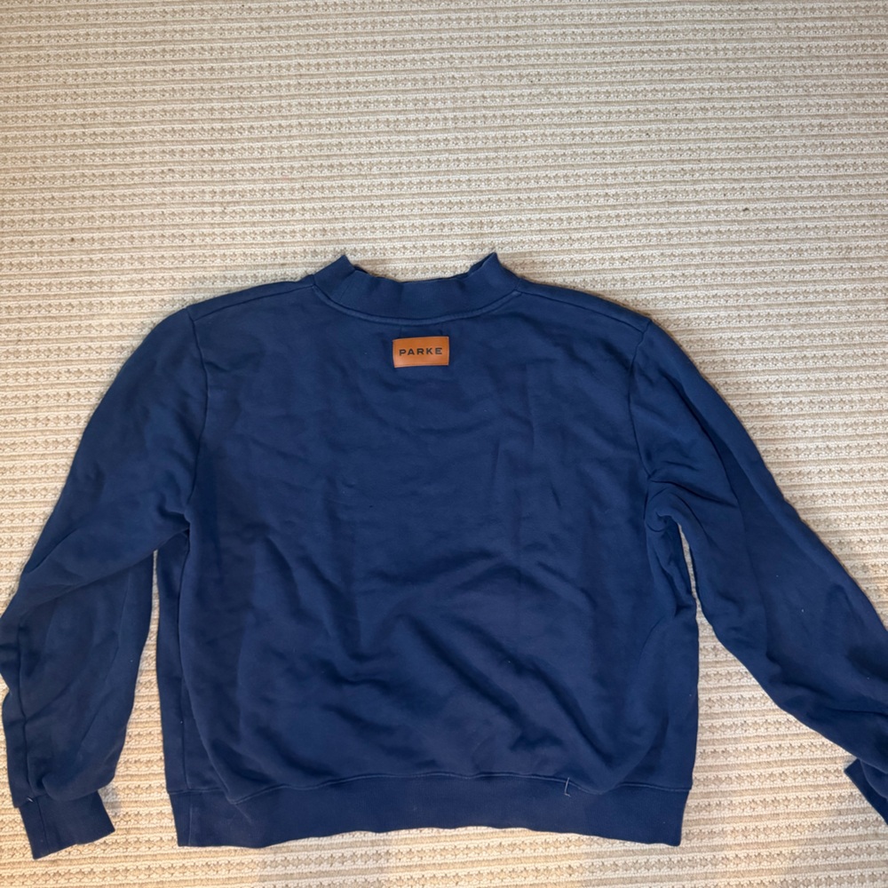 PARKE, L/XL, Navy Sweatshirt with Tan Label on Back